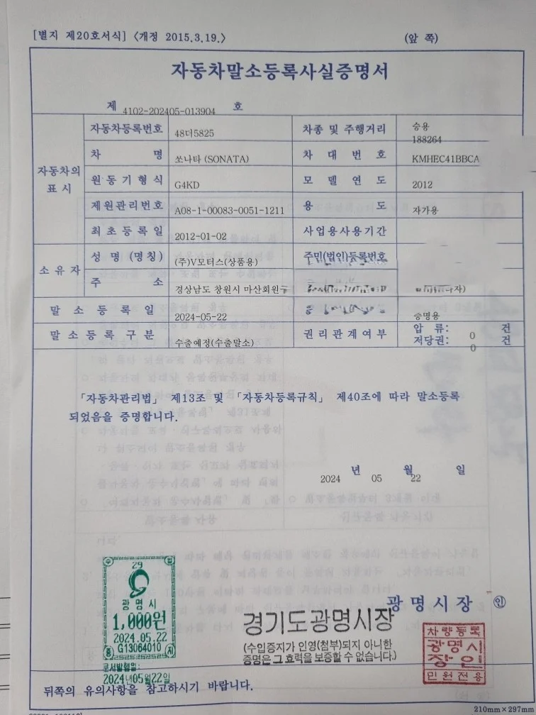 Certificate of De-registration of Motor Vehicle